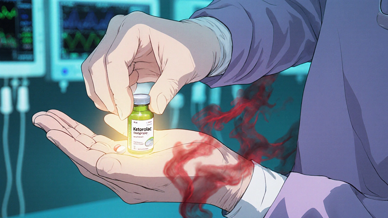 A surgeon placing a ketorolac tablet in a patient's hand right after surgery, with glowing medical lights in background.