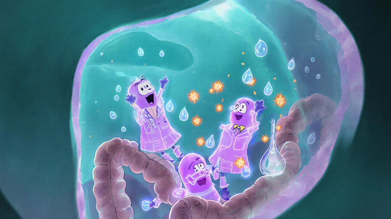 Animated colon tunnel with friendly bacteria turning lactulose into acids and water.