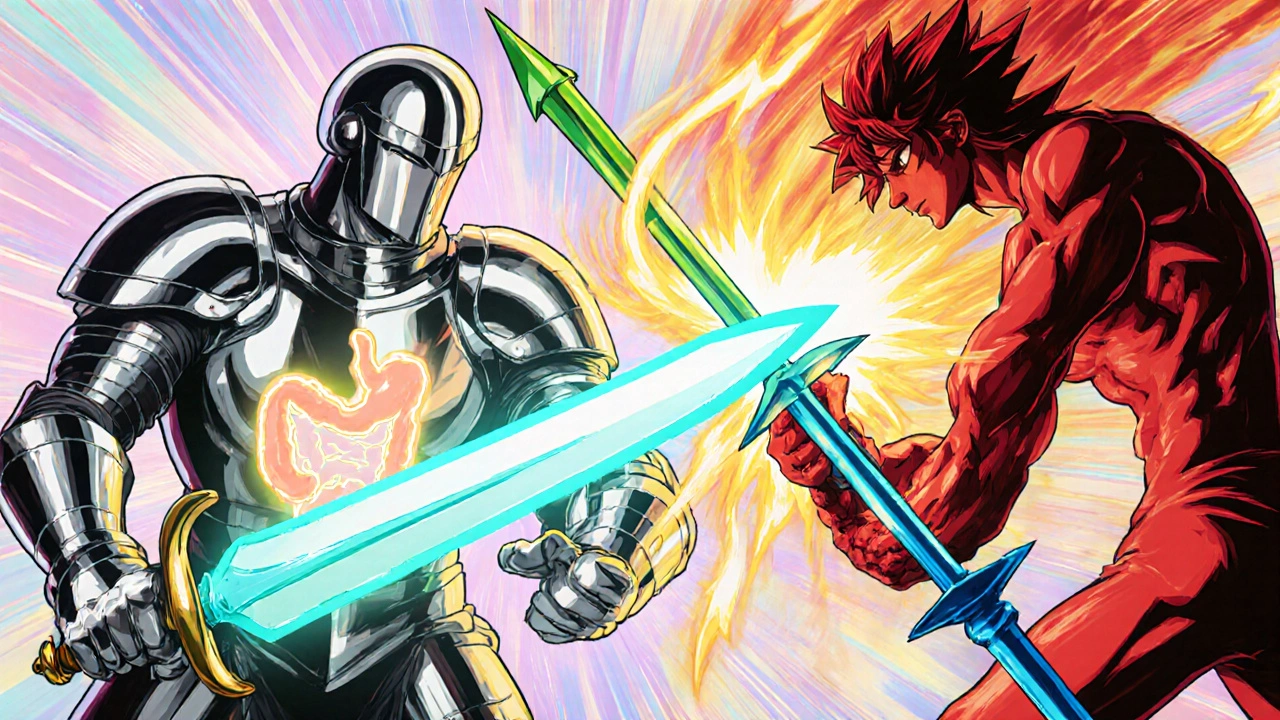 Animated COX-1 and COX-2 characters are blocked by a glowing Ponstel blade.