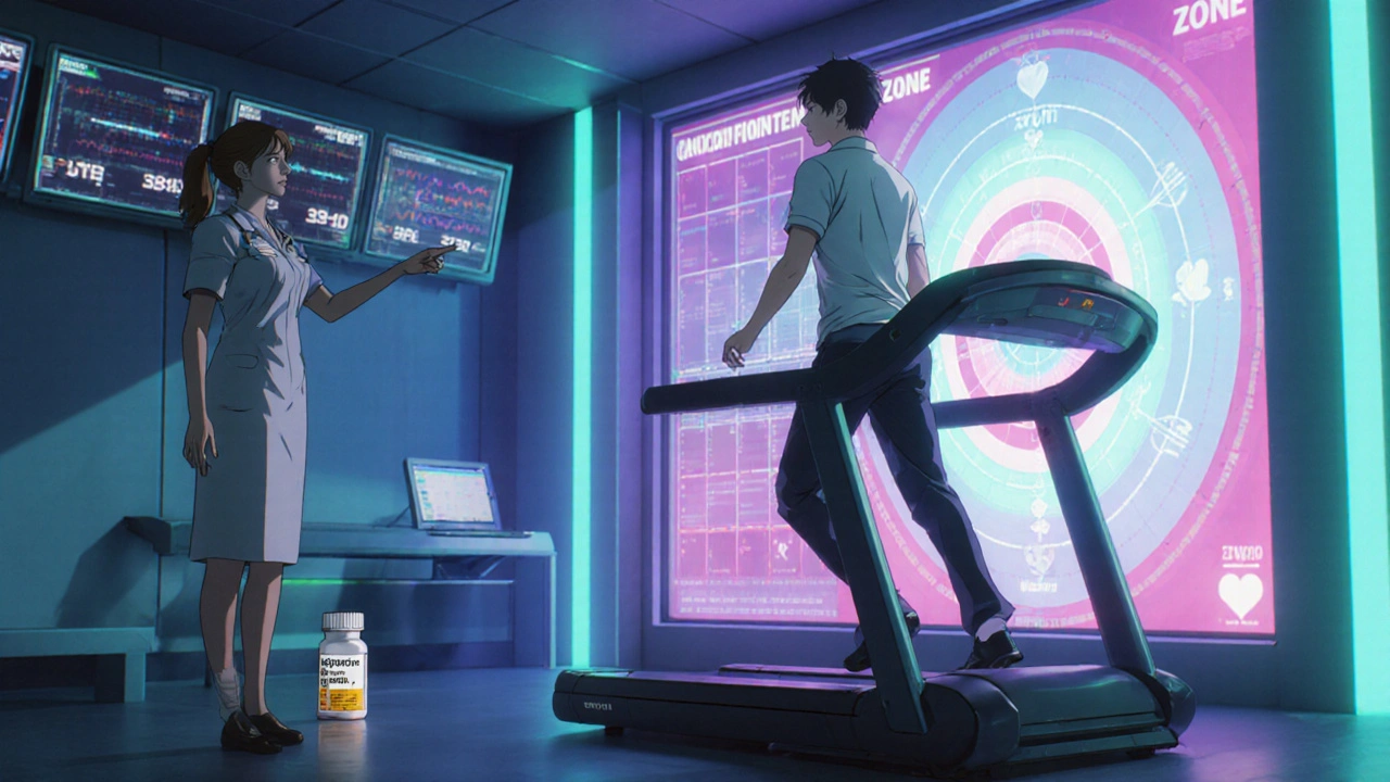 Cardiac rehab gym with patient on treadmill, nurse, and Metoprolol bottle nearby.