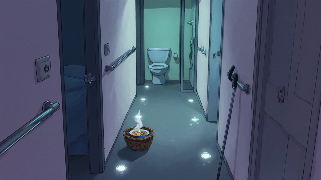 Clear hallway with night‑lights, grab bars, and a cane beside a steaming meal container.