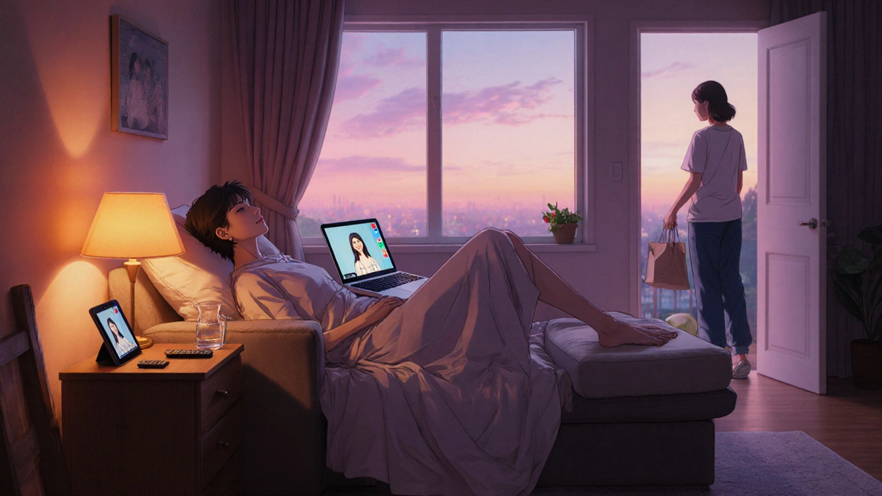 Comfortable recovery nook with pillows, water pitcher, tablet, and telehealth video on laptop.