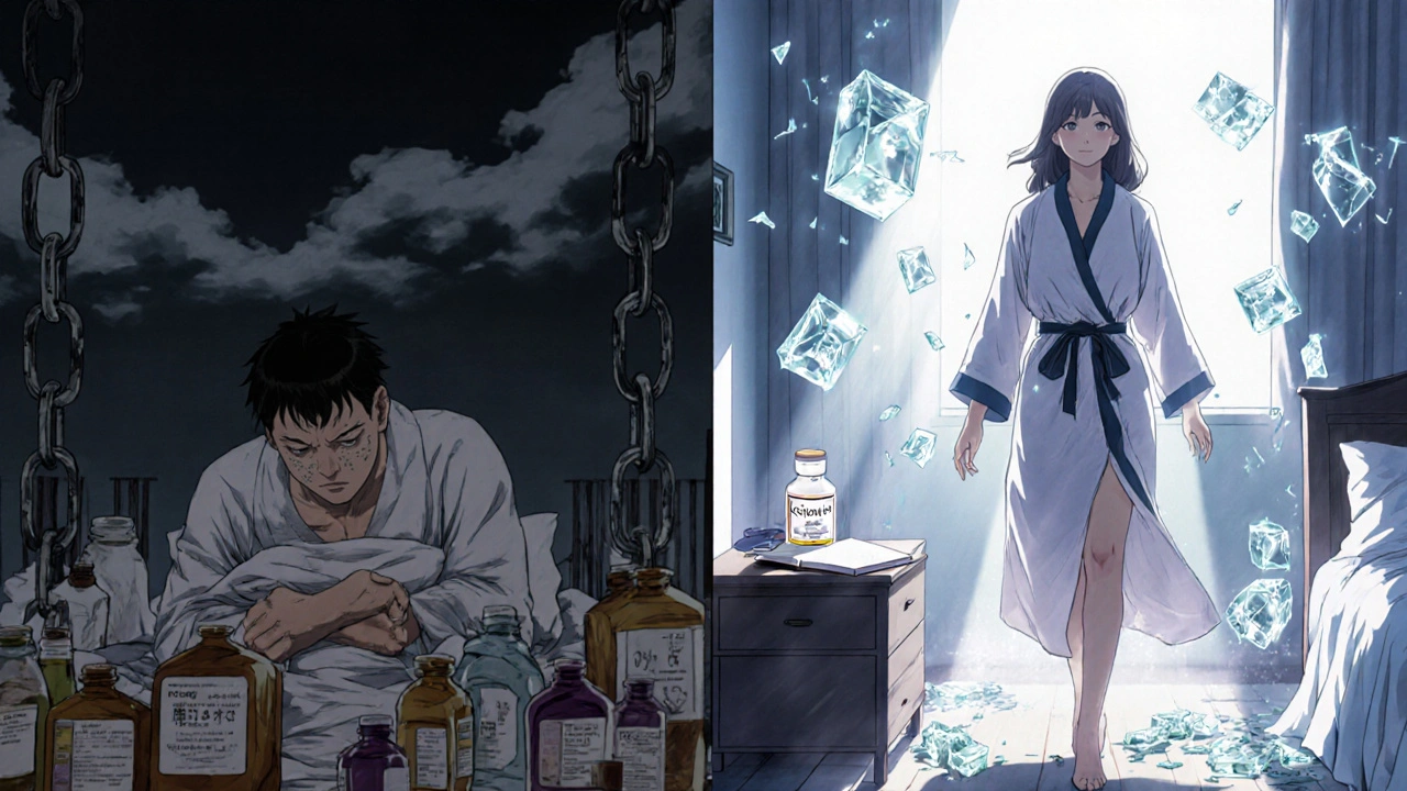 Contrasting recovery scenes: one filled with opioid bottles and darkness, the other with sunlight and confident movement.