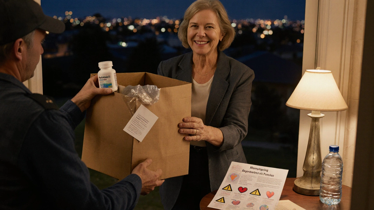 Courier delivering a sealed box of generic celecoxib to a homeowner at dusk.