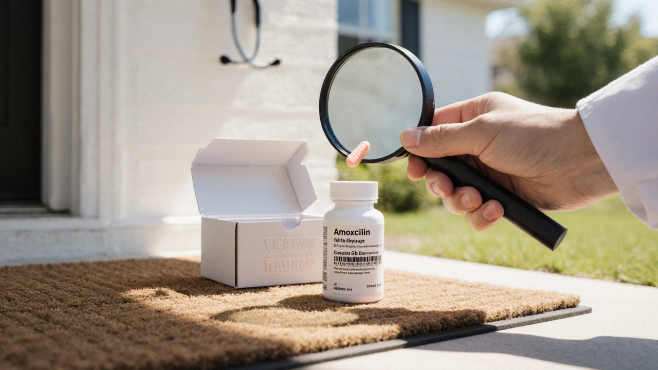 Delivery box on doorstep open to show amoxicillin bottle; hand inspects tablet with magnifying glass.