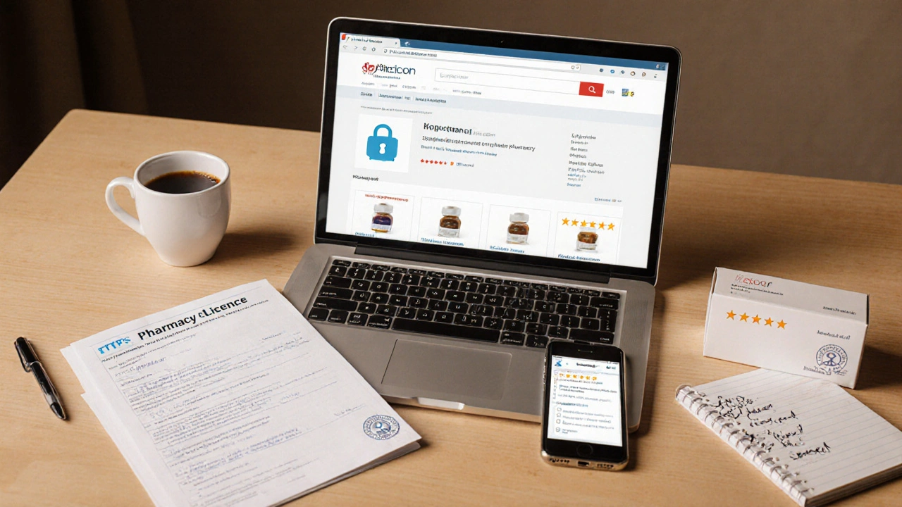 Desk with laptop showing HTTPS lock, pharmacy license, phone rating icons, and sealed medication box.