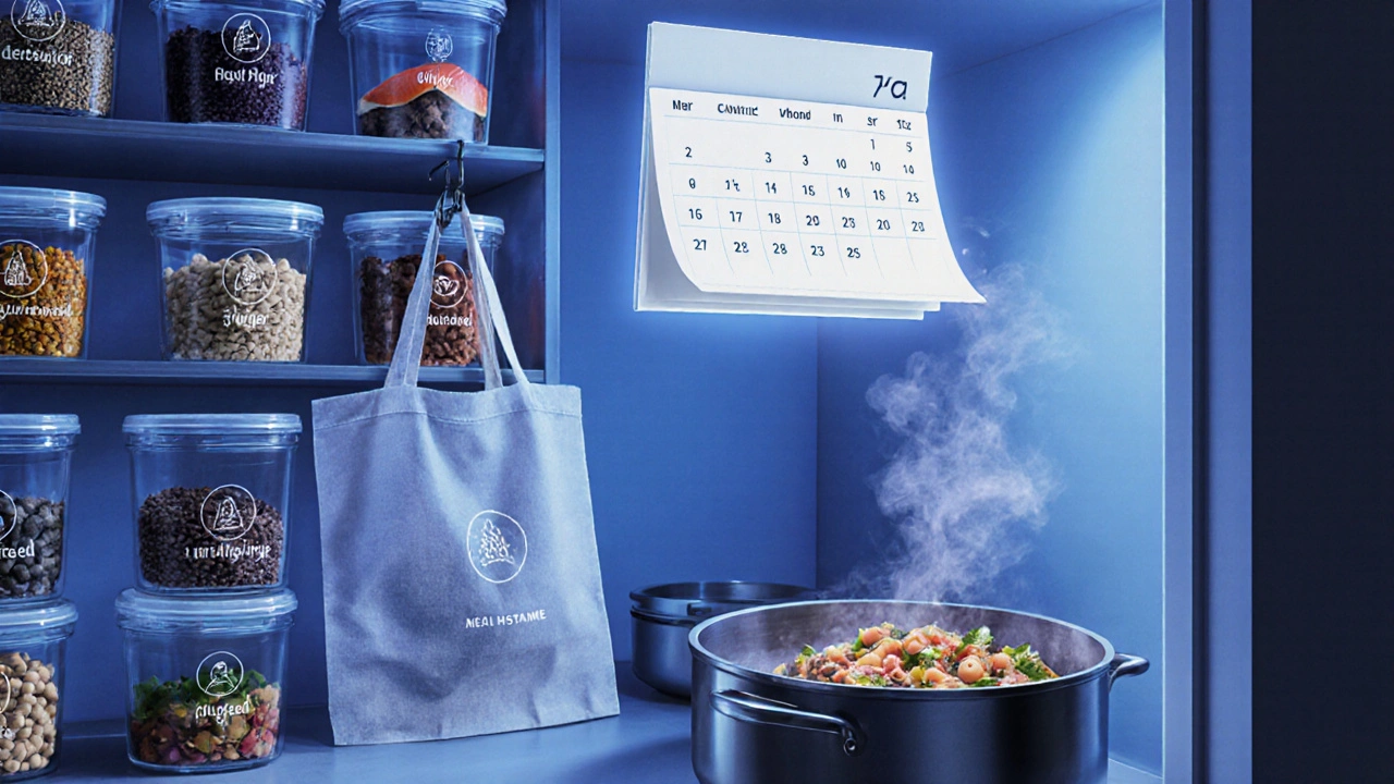 Digital pantry scene showing glass containers, snack bag, and calendar for allergy‑friendly meal planning.