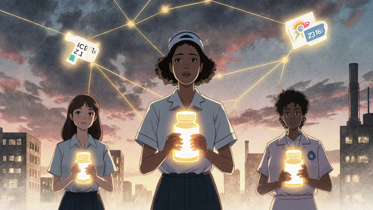 Diverse women with translucent bodies revealing safer drug alternatives, connected by golden threads across a city.