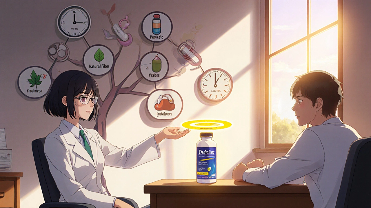 Doctor and patient discussing options, with floating icons representing laxative types.