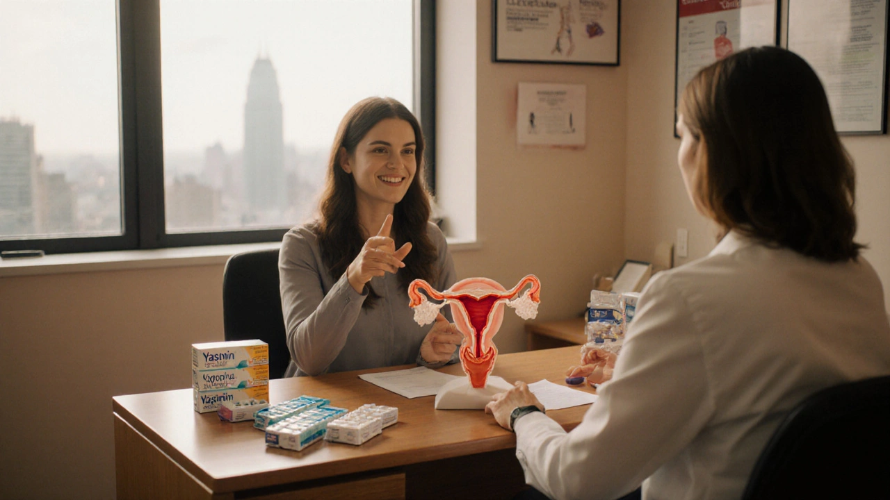 Doctor and patient discussing options, with uterus model and pill packs on the table.