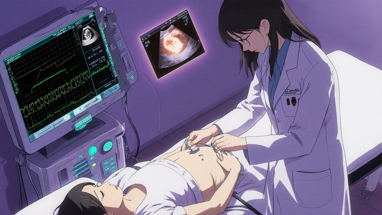 Doctor attaching ECG leads to pregnant patient while monitor displays erratic heart pattern.