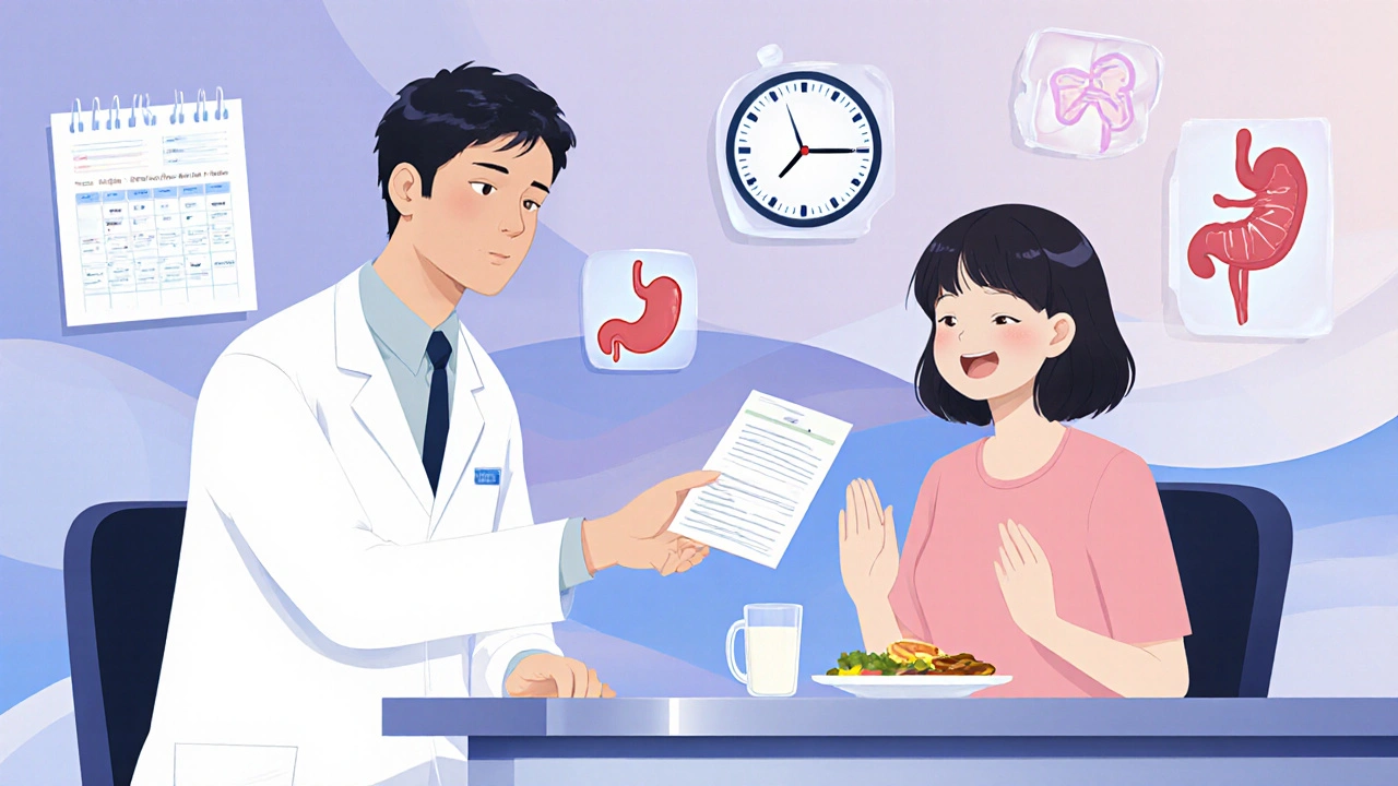 Doctor gives prescription to patient holding milk, with floating health icons.