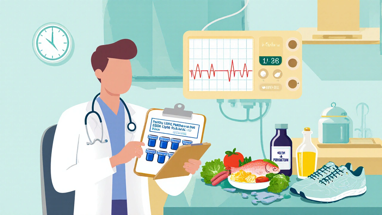 Doctor reviewing lipid panel, ECG, and statin while beside a Mediterranean meal and exercise symbols.