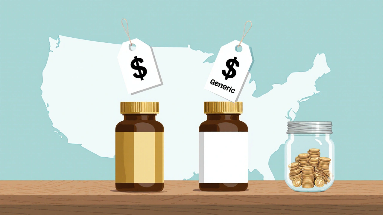 Flat illustration of generic vs brand pill bottles with lower price tag for generic and savings jar.