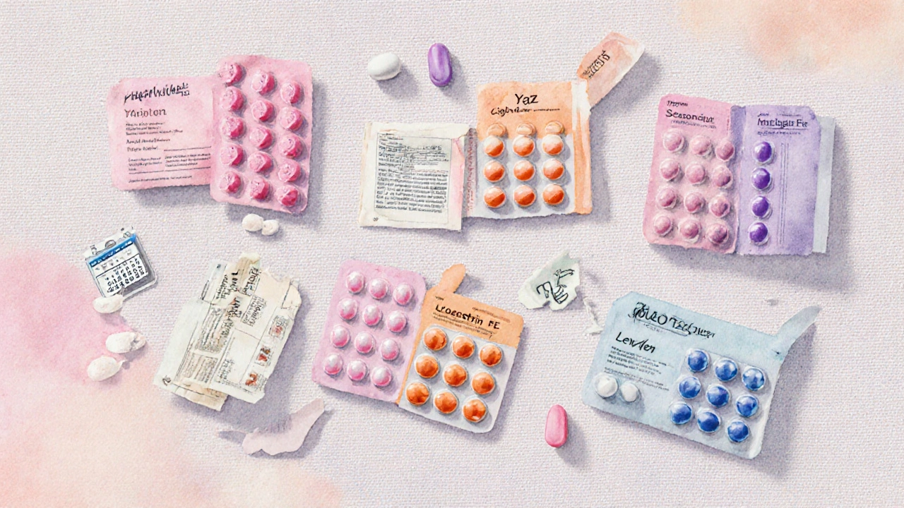 Flat lay of six birth‑control pill packs with visual cues for cycle, water retention, and acne.