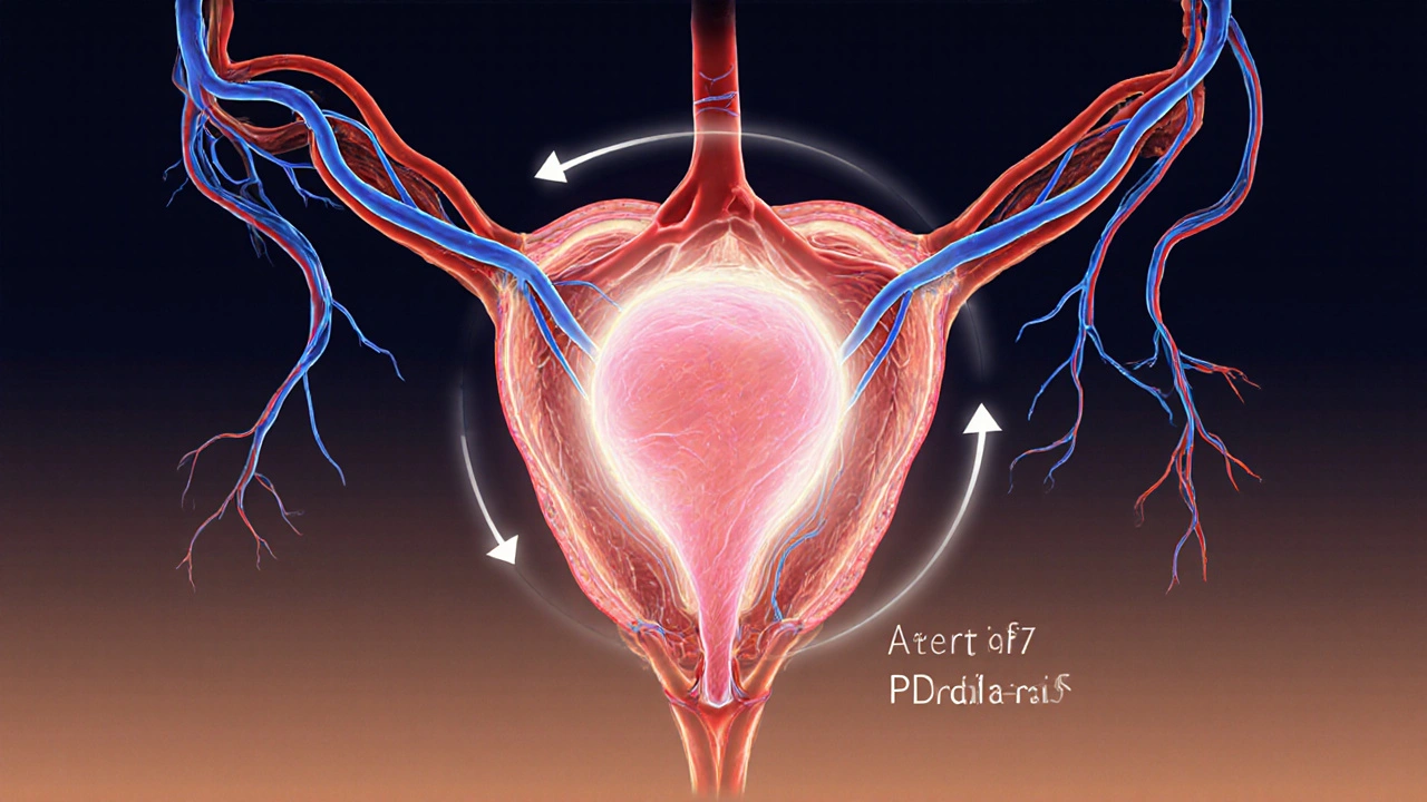 Illustrated cross‑section of male pelvis showing relaxed blood vessels and increased flow.