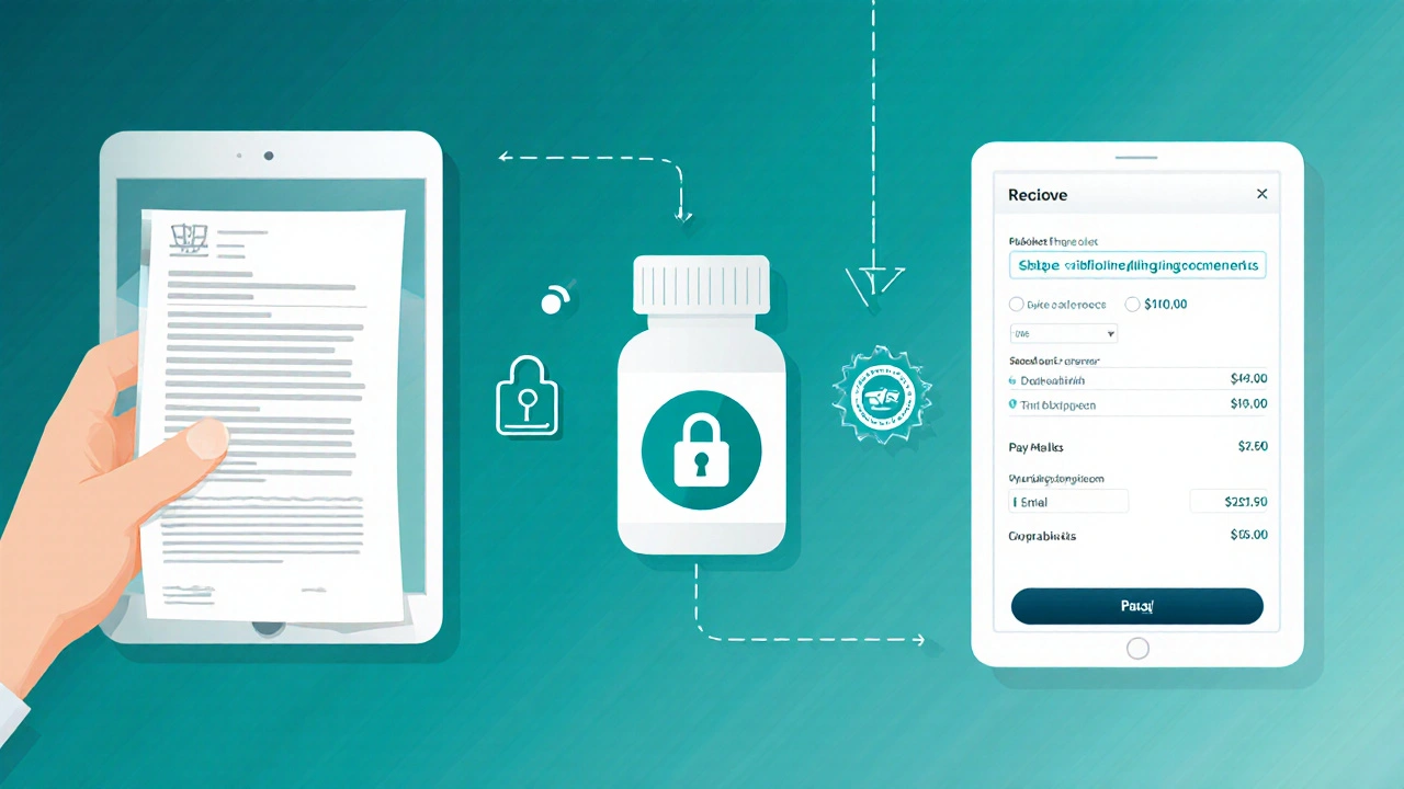 Illustrated three‑step checkout: scanning prescription, secure padlock with verification badge, payment screen.