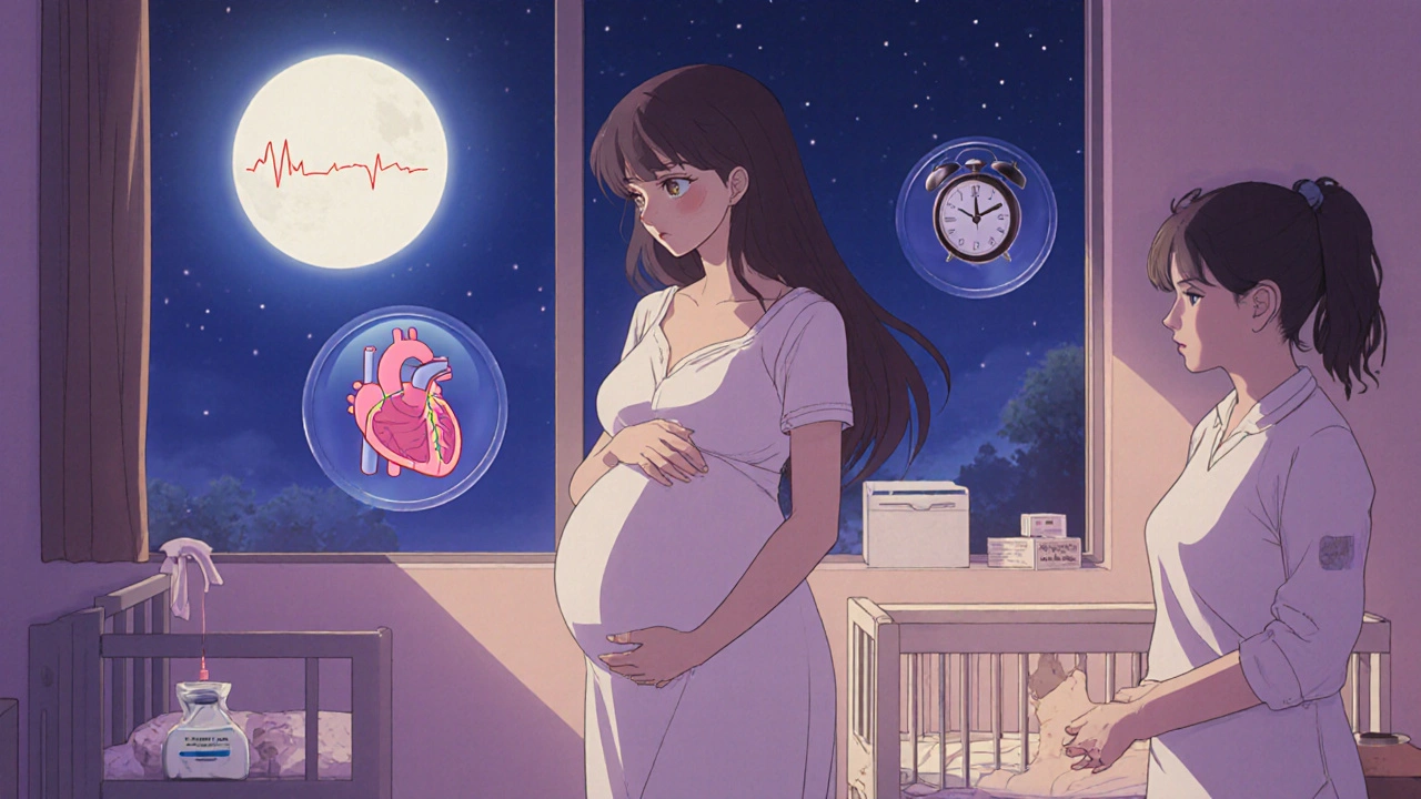 Labor scene with pregnant woman, midwife, and symbols of steady heart rhythm and safe anticoagulation.
