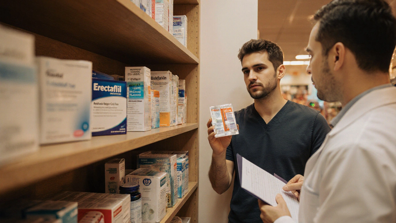 Man in pharmacy aisle holding a prescription, contemplating between Erectafil and generic pills.