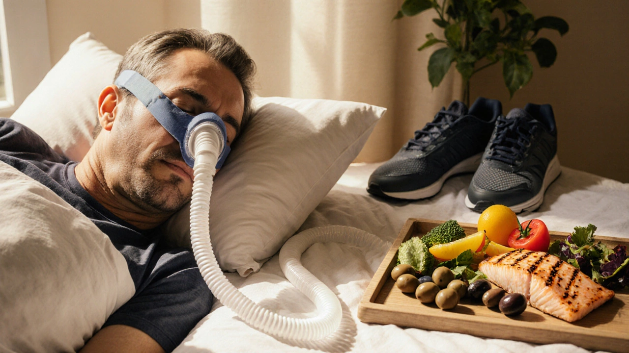 Man sleeping with CPAP mask, Mediterranean food and exercise gear suggesting healthy lifestyle.