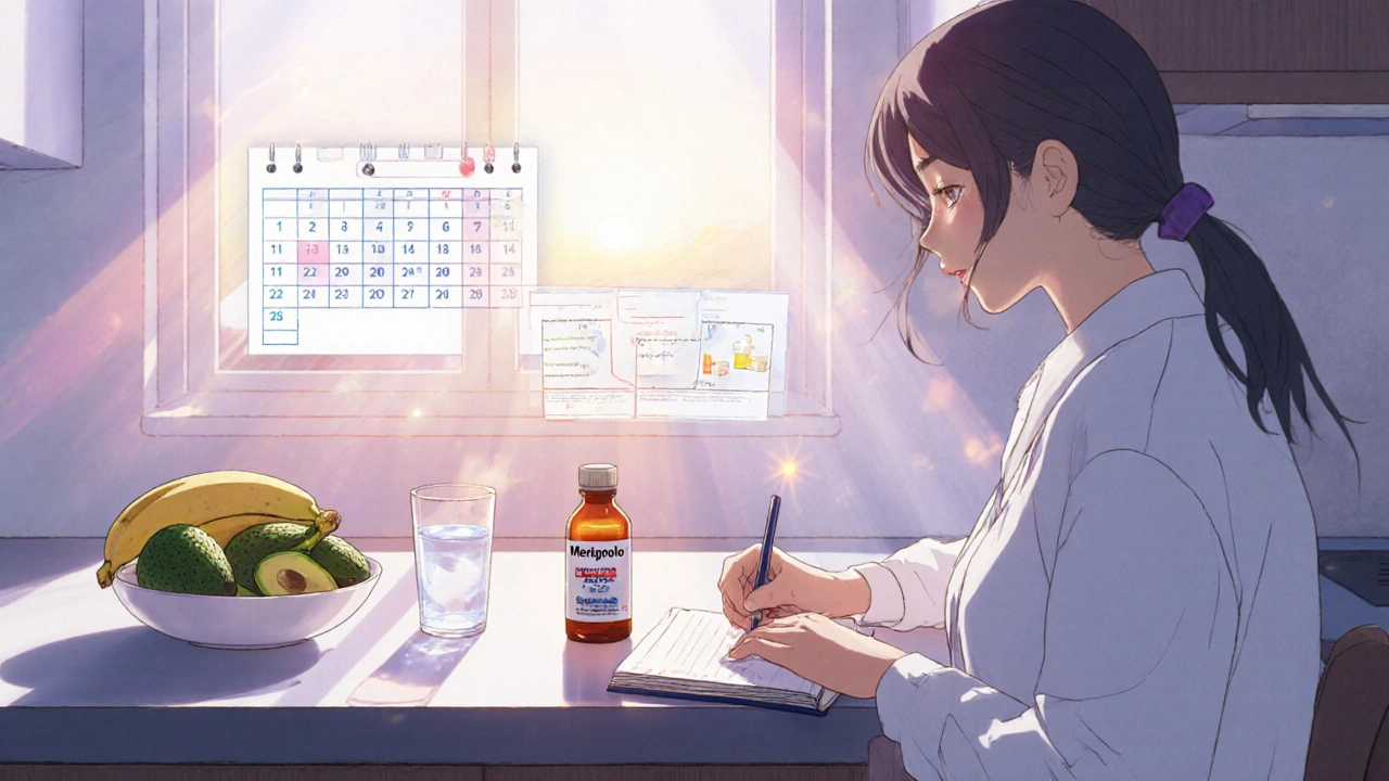 Morning routine with patient logging vitals, Metoprolol bottle, water, and bananas.