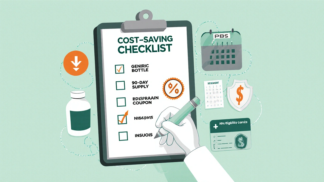 Patient checking off cost‑saving items like generic pill, 90‑day supply, and coupons.