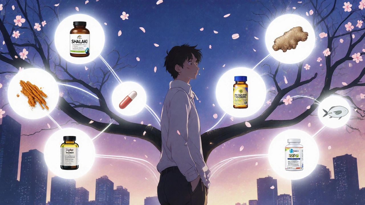 Person at a twilight crossroads with floating supplement icons indicating choices.