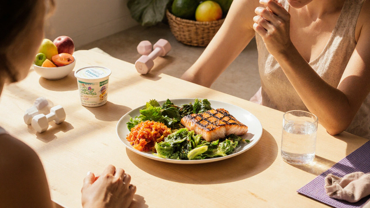 Person chewing a balanced meal with probiotic foods and exercise gear in a sunny kitchen.
