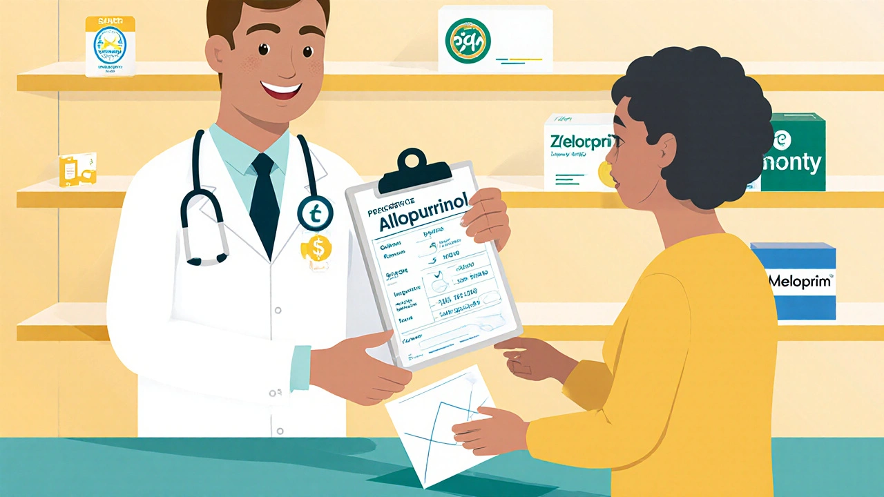 Pharmacist handing a prescription with icons for pricing components and insurance.