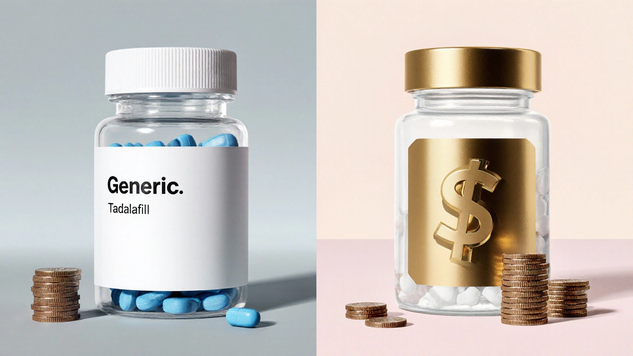 Side‑by‑side view of generic and brand pill bottles with visual cues of price difference.