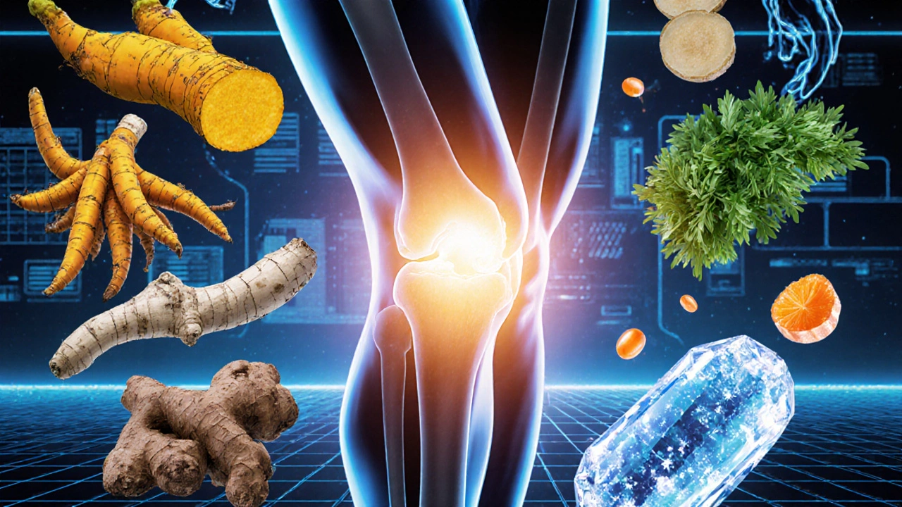 Swirling supplement ingredients surrounding a human silhouette highlighting a knee joint.