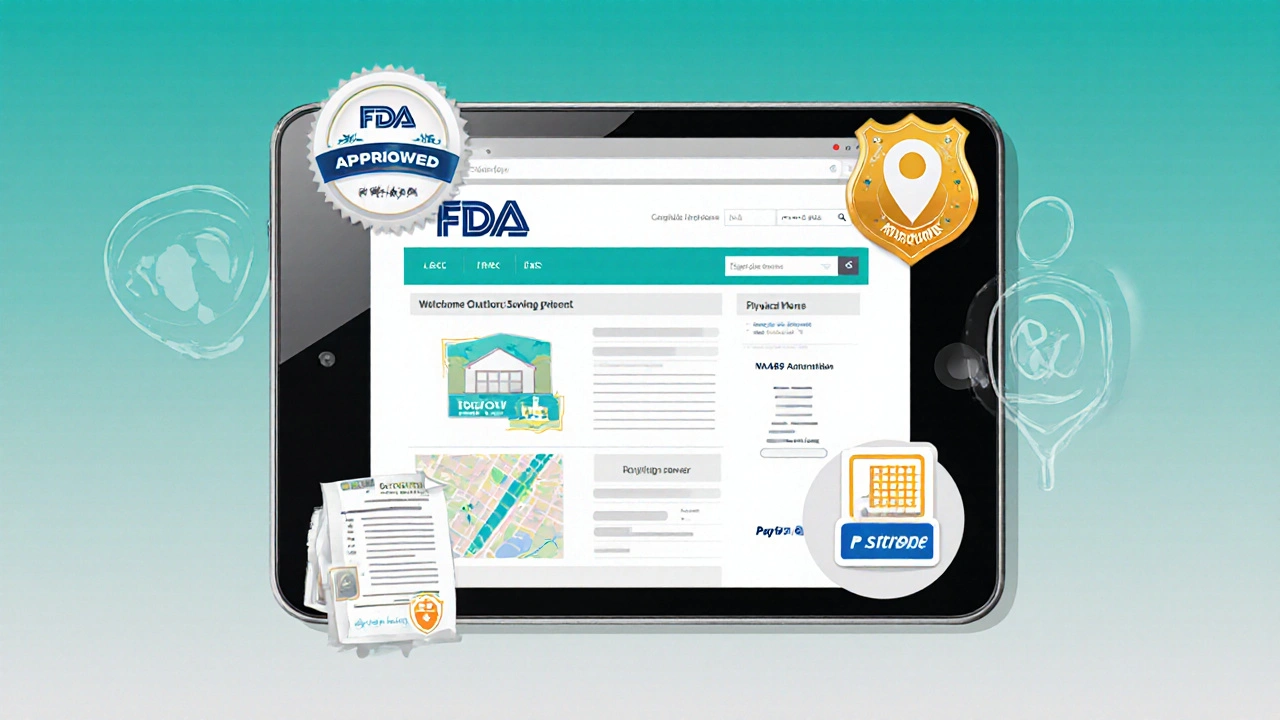 Tablet screen showing pharmacy verification badges with surrounding icons for address, accreditation, prescription, and payment.