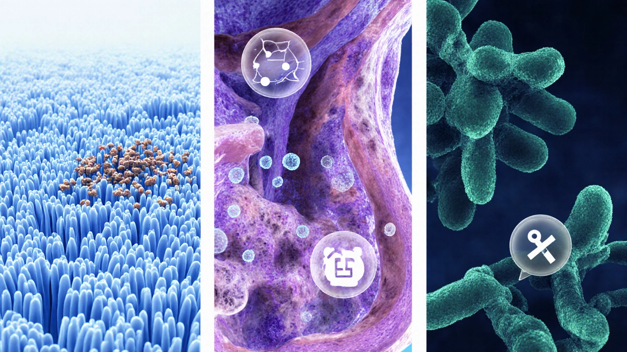 Three panels illustrating celiac, Crohn’s, lactose intolerance and SIBO effects on the gut.