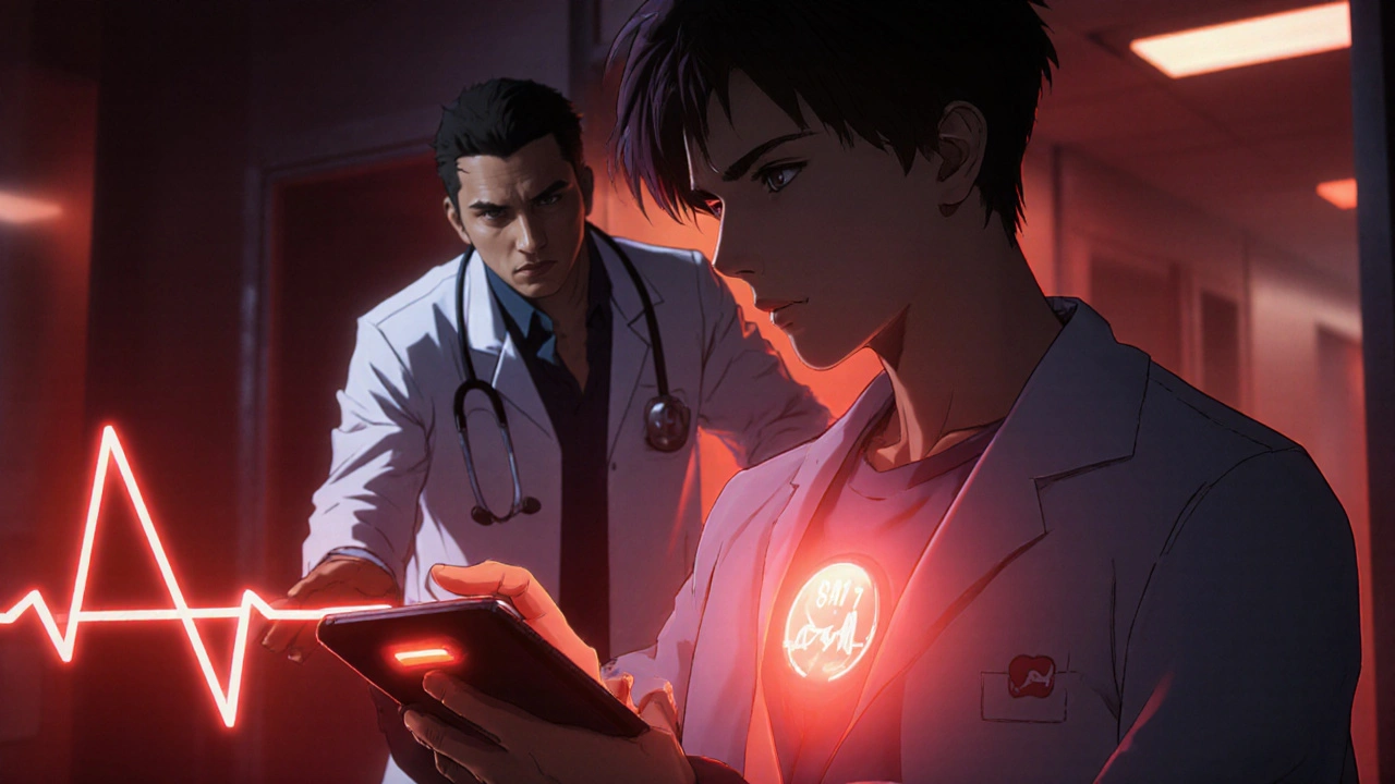 Urgent scene of patient pressing a red 911 button, glowing ECG line, doctor ready to help.