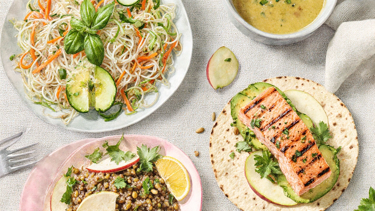 Watercolor spread of rice noodle salad, chicken‑apple wrap, salmon with quinoa, and pumpkin soup.