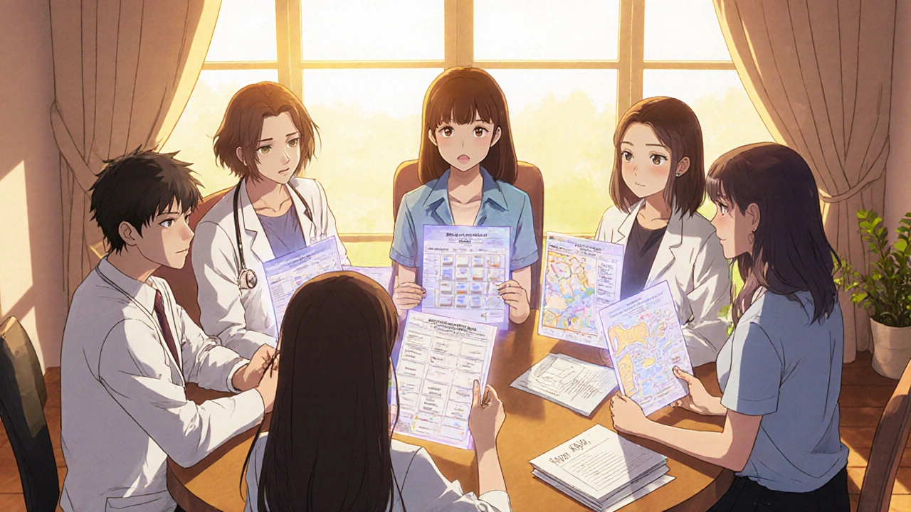 A diverse mental health team meeting in a sunlit room, each member holding symbols of their role in recovery.