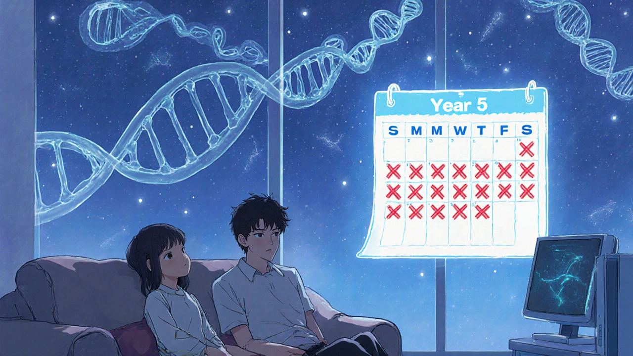 A family in a quiet room as gene strands spiral above their sleeping child, with a calendar showing years of illness marked in red.