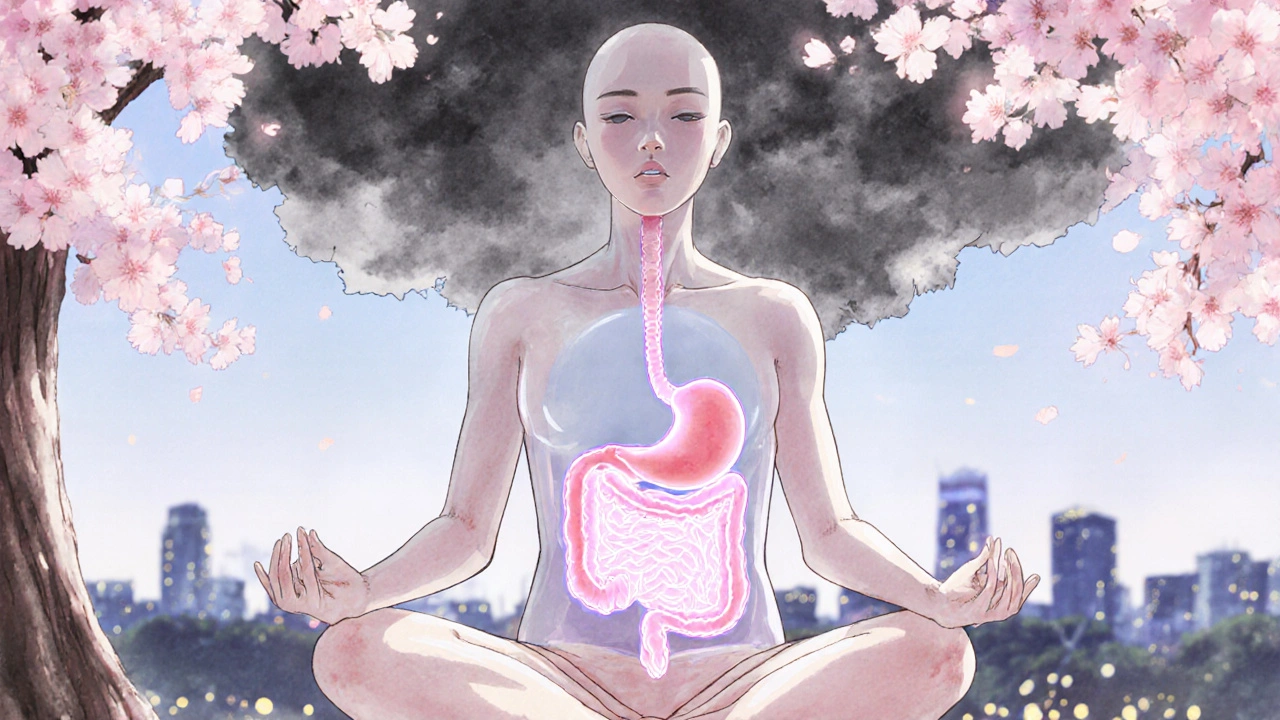 A meditating person with a transparent glowing gut, stress clouds turning into cherry blossoms.