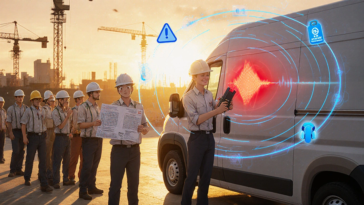 A mobile testing van serves construction workers at sunrise, one employee stares at their audiogram with a glowing STS alert above.