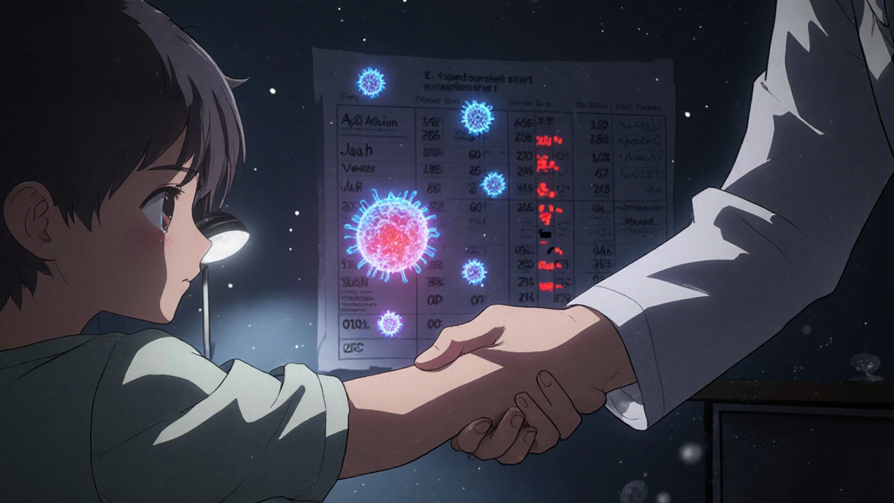 A pediatrician holding a child&#039;s arm as immune cells fade around them, with age-adjusted IgG levels glowing red on medical charts.