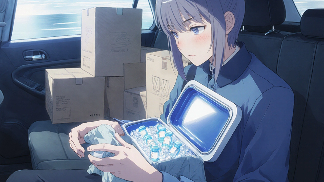 A person placing insulin vials into a cooler with ice packs in a car’s passenger seat.