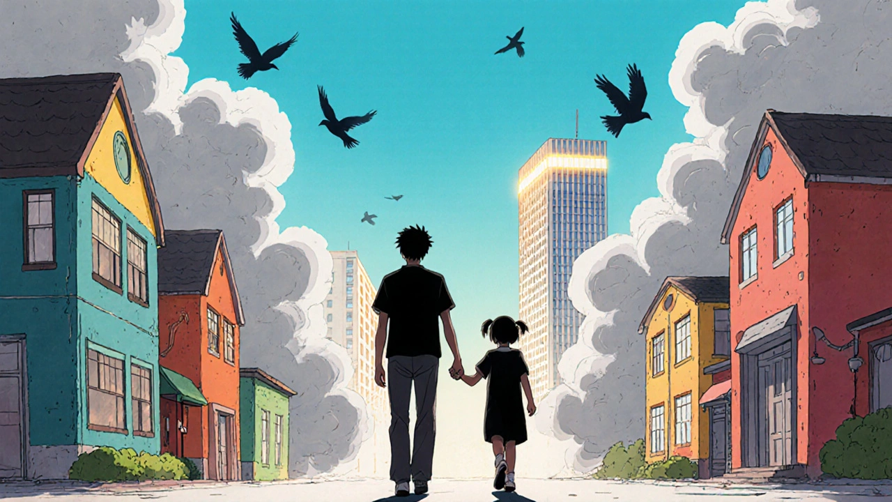 A person walking with family through a restored colorful city, leaving behind fading shadows of psychosis.