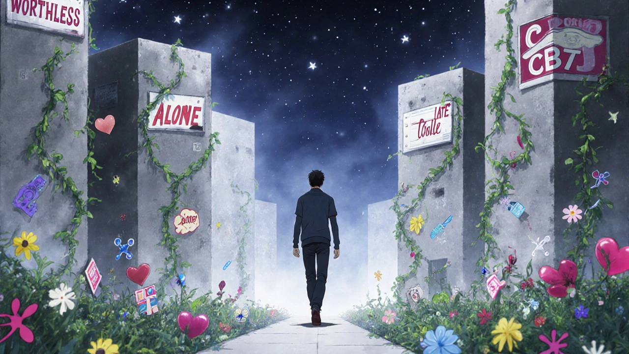 A person walks through a foggy city where negative thoughts transform into blooming gardens as they move forward.