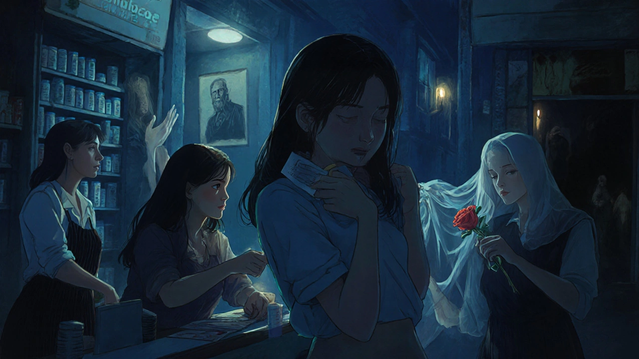 A woman hides a pregnancy test in a Mexican pharmacy as ghostly ancestral hands appear in the shadows.