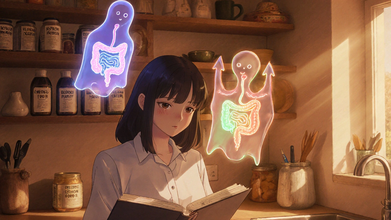 A woman in a kitchen holding a food journal with three floating gut type ghosts above her.