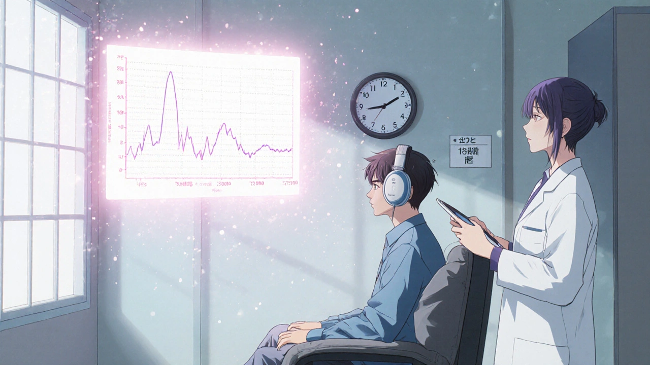 A worker undergoes audiometric testing in a quiet room, a glowing audiogram shows a hearing shift, technician watches with a tablet.