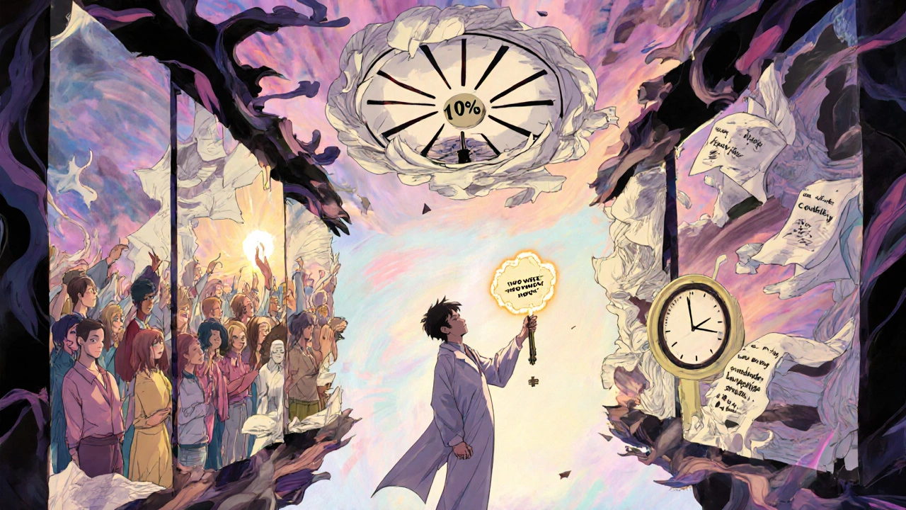 Abstract therapy scene with ink therapist guiding patient through thought tunnel.