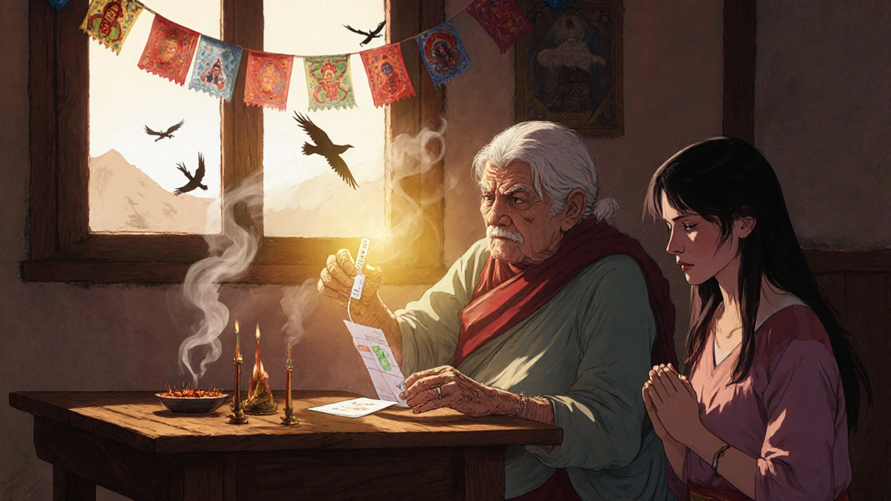 An elderly grandmother and young woman in Nepal contemplate a sacred pregnancy test card at dawn.