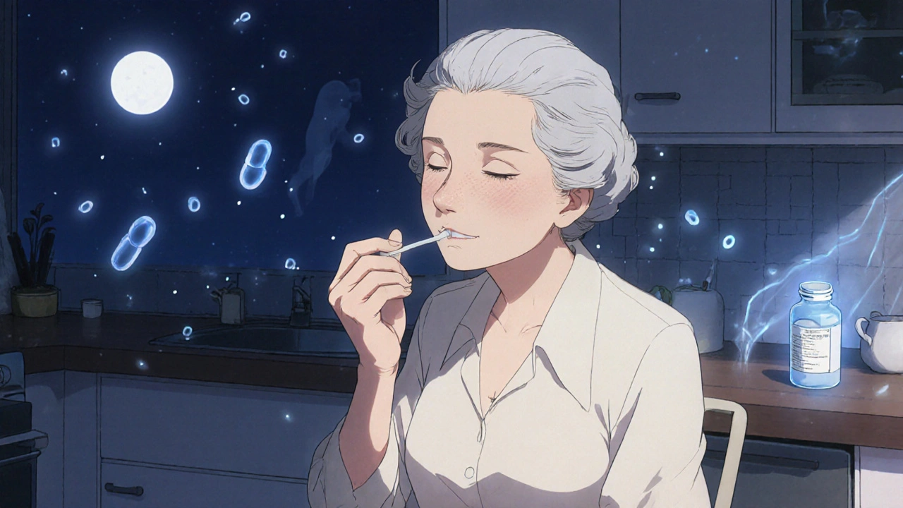 An elderly woman applies topical cream to a cold sore as ghostly virus particles fade nearby.