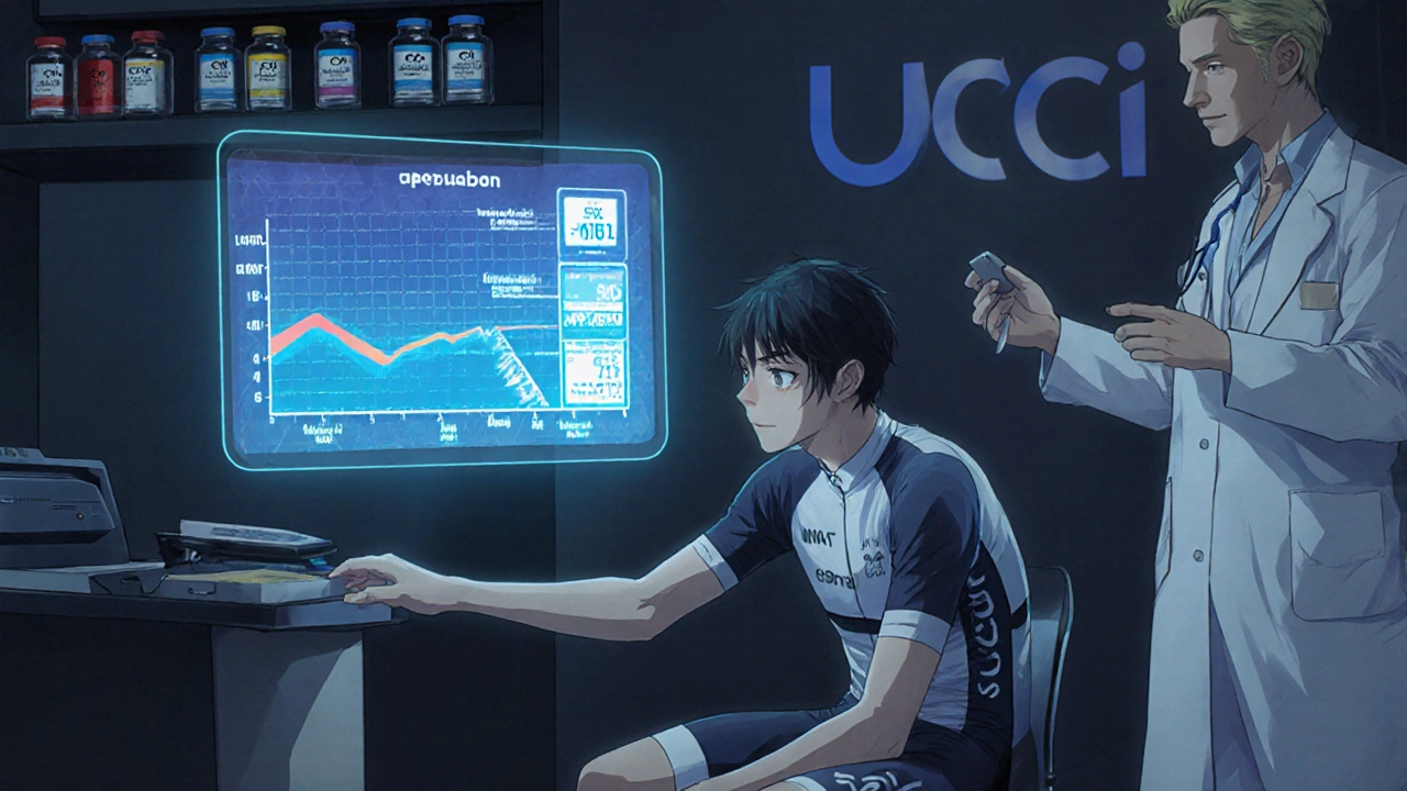 Athlete in clinic with holographic INR monitor, doctor reviewing apixaban’s half-life timeline.